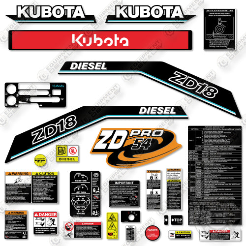 Fits Kubota ZD18 Decal Kit Mower