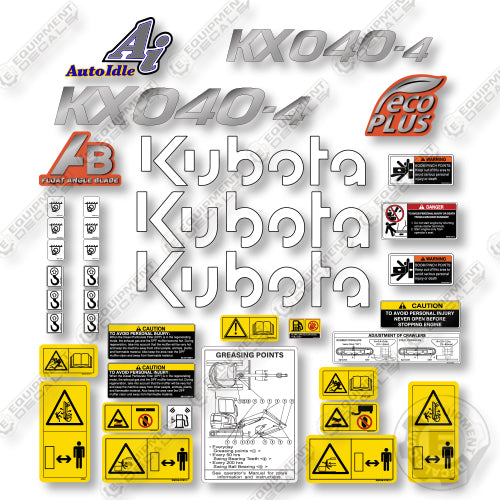Kubota KX040-4 Decal Kit Mini Excavator - New Style -  Aftermarket Kit