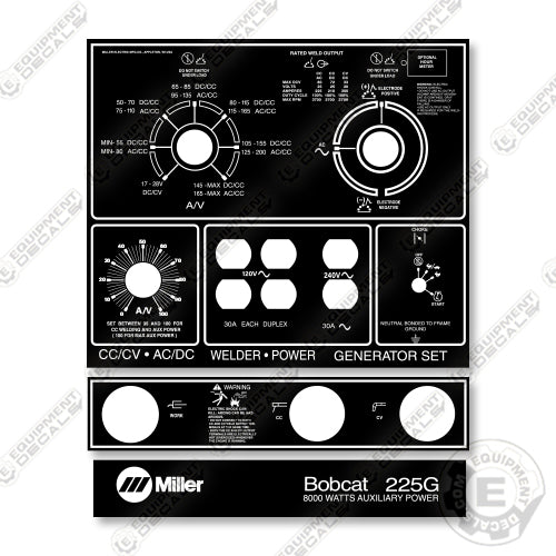 Miller 225G Control Decal Kit Generator - Aftermarket Kit